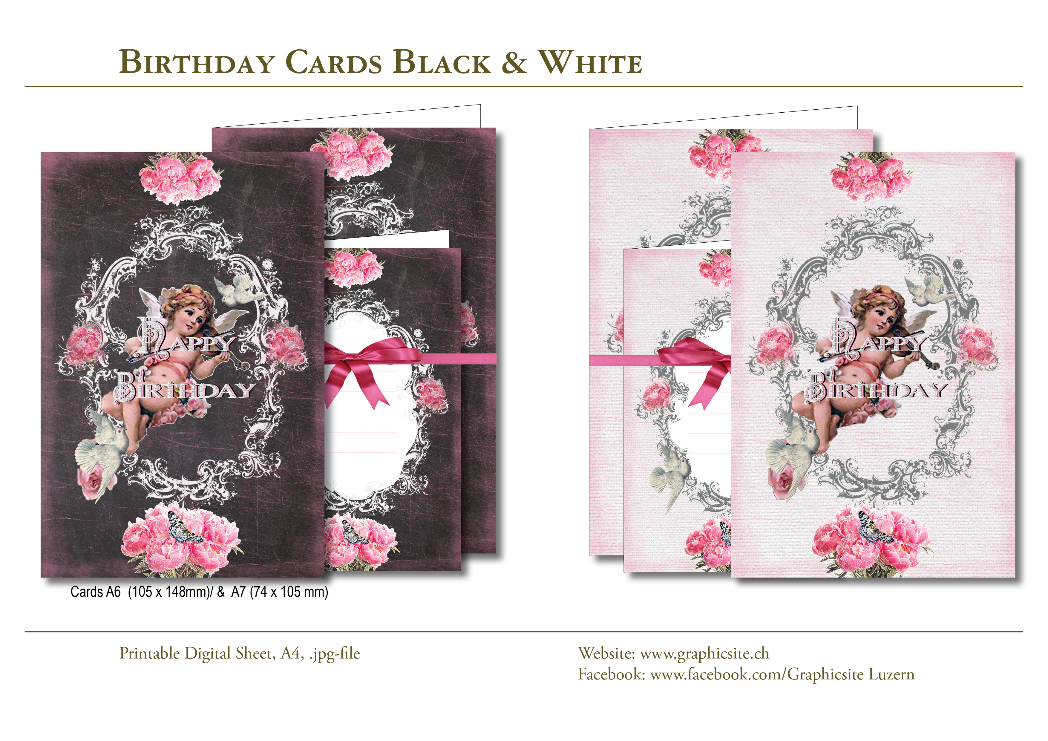 Printable Sheets - Cards A6/A7 - Birthday - BlackWhite, Angel, Roses 